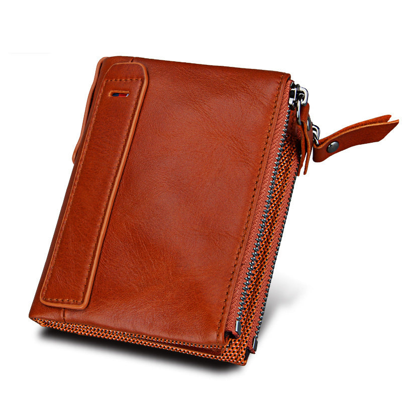 Wholesale Crazy Horse Cowhide Leather Wallet Double Zipper Coin Purse